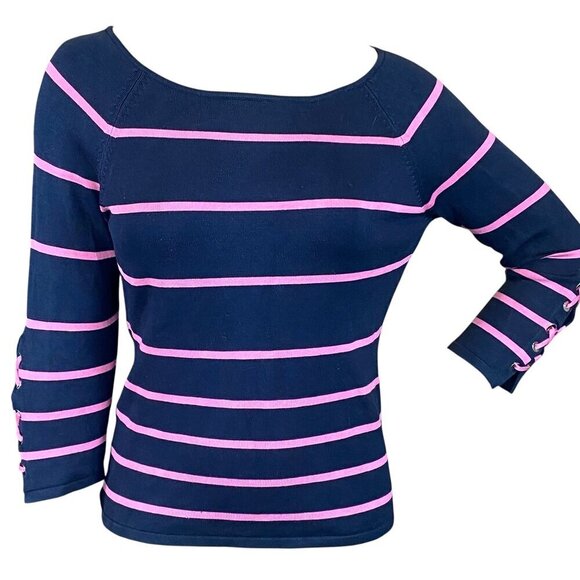 Carlisle Sweaters - Carlisle Silk Blend Boat-Neck Striped Knit Top Sz L Navy Pink #288M